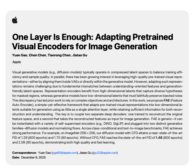 애플이 선보이는 '단일 레이어면 충분하다'

 이미지 생성을 위해 사전 학습된 비주얼 인코더를 적용하기