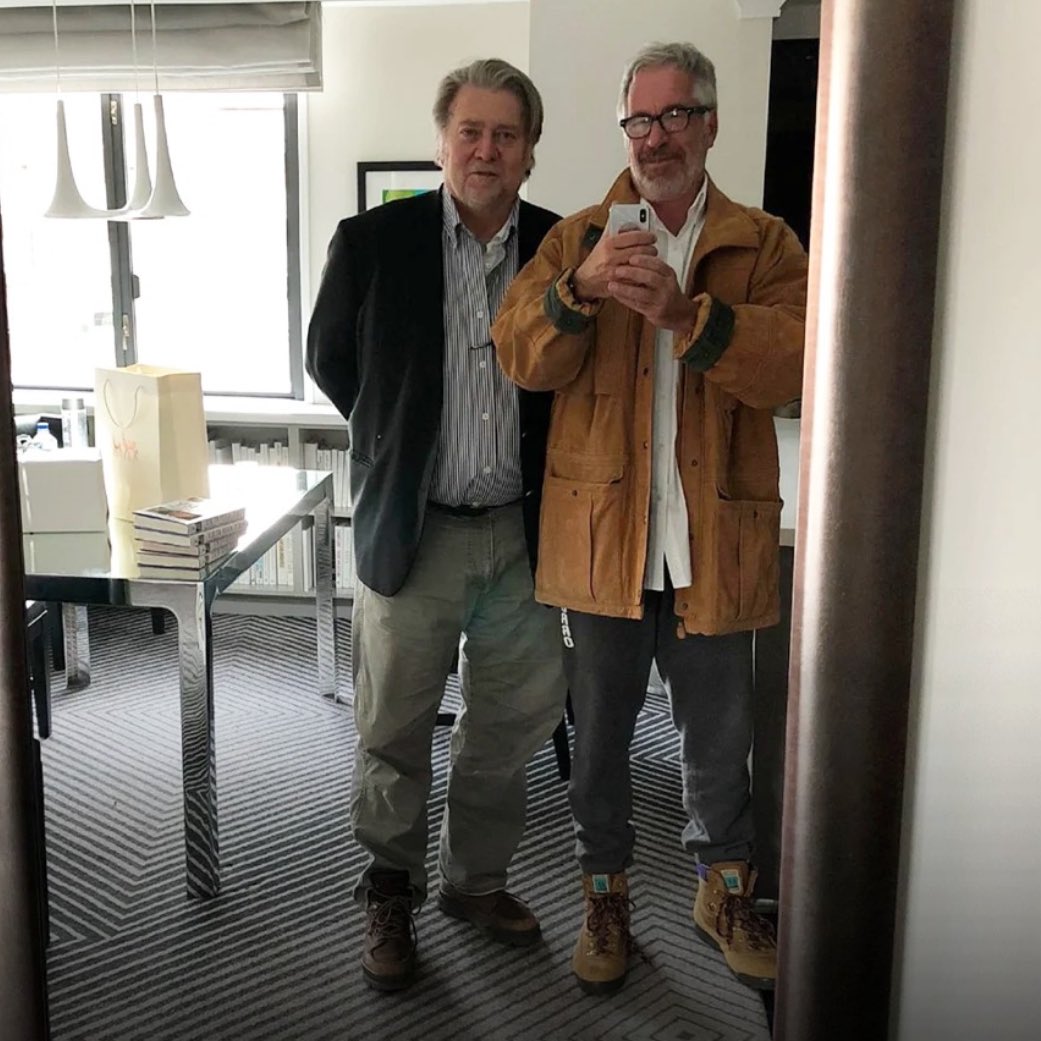 RightWingCope's tweet image. Steve Bannon and Epstein posted up for a fit pic together 😭