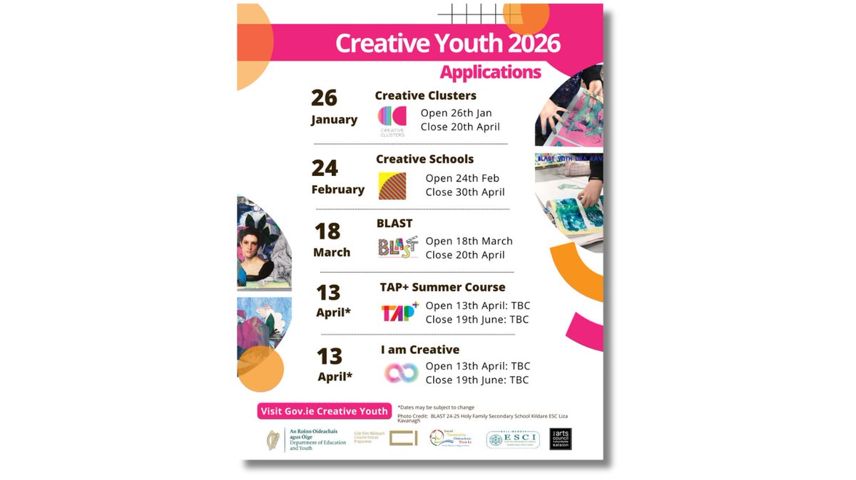 DublinWestEC's tweet photo. Upcoming application opening dates for the Arts Initiatives in 2026.

#creativeyouth #creativeschools #schoolsireland https://t.co/LPK9ymvQ2s