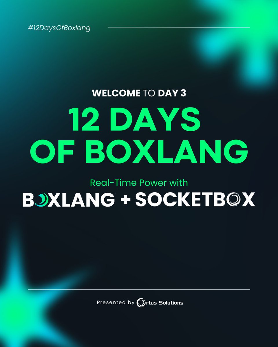 TryBoxLang's tweet image. 🎄 12 Days of BoxLang – Day 3
 Real-Time Power with BoxLang + SocketBox
SocketBox brings fast, lightweight real-time WebSocket capabilities to BoxLang.

🔗 Learn more: ortussolutions.com/blog/12-days-o…

#BoxLang #SocketBox #WebSockets #RealTime #CommandBox