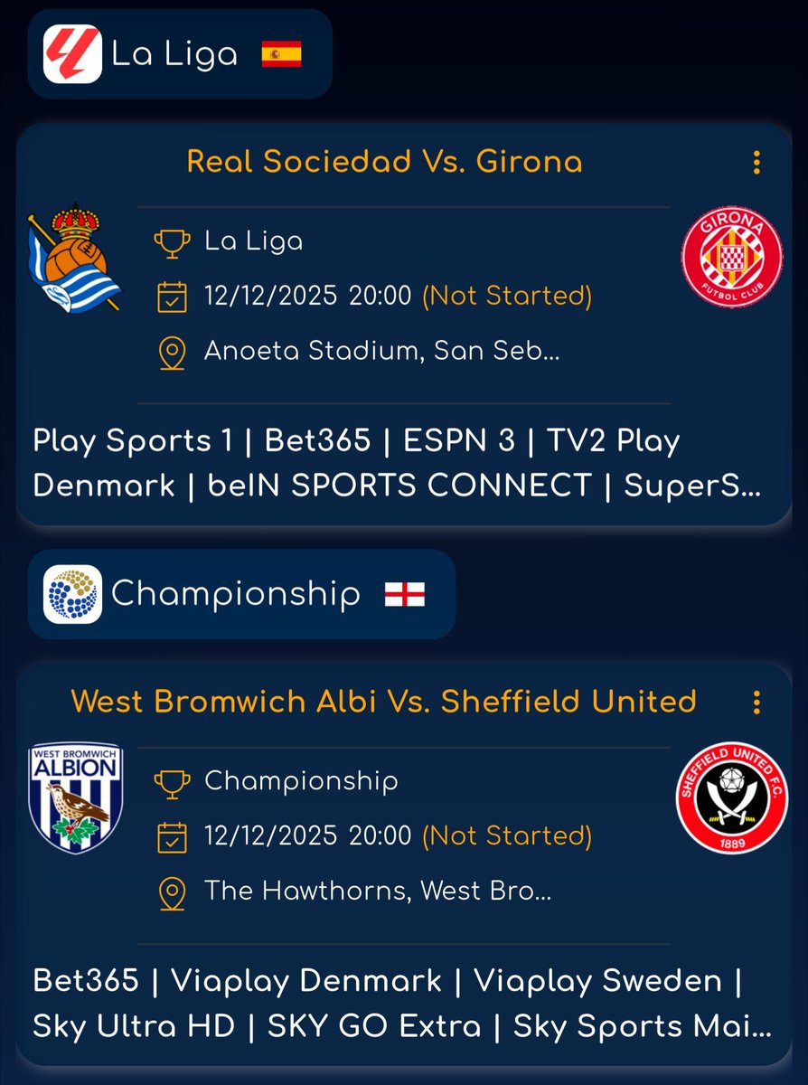 Todays Key Fixtures ⚽️🔥

#LaLiga:
🇪🇸 Real Sociedad Vs. #Girona

#Championship:
🏴󠁧󠁢󠁥󠁮󠁧󠁿 West Bromwich Vs. #SheffieldUnited

#Bundesliga:
🇩🇪 FC Union Berlin Vs. #RBLeipzig

#SerieA:
🇮🇹 Lecce Vs. #Pisa

#Ligue1:
🇫🇷 Angers SCO Vs. #Nantes

#ProLeague:
🇧🇪 Standard Liège Vs. #OHLeuven
