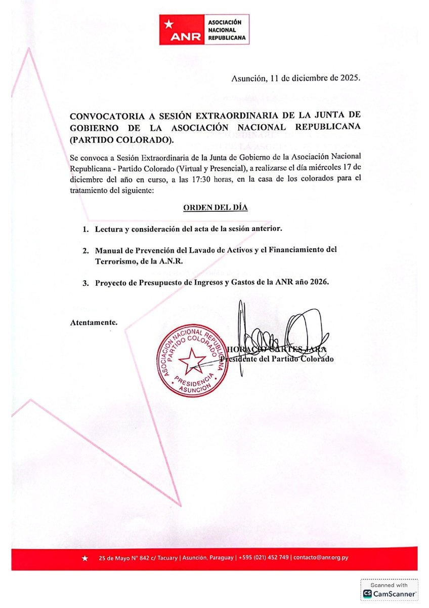 El presidente de la Asociación Nacional Republicana, convoca a Sesión Extraordinaria de la Junta de Gobierno, a realizarse el miércoles 17 de diciembre, a las 17:30 horas, en la Casa de los Colorados.