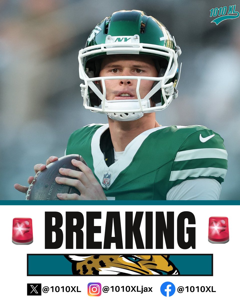 1010XL's tweet image. BREAKING: The Jets will be without BOTH of their top-two quarterbacks on Sunday. 

Jets head coach Aaron Glenn announced third-string QB Brady Cook will start against the Jaguars on Sunday.

#Jaguars | #DUUUVAL