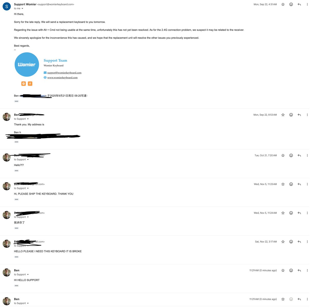 imbenhu's tweet photo. @Womier_keyboard please, what is this nonexistent support? Right after promising a replacement they went dead silent for 3 months https://t.co/9o9mwnvXXO