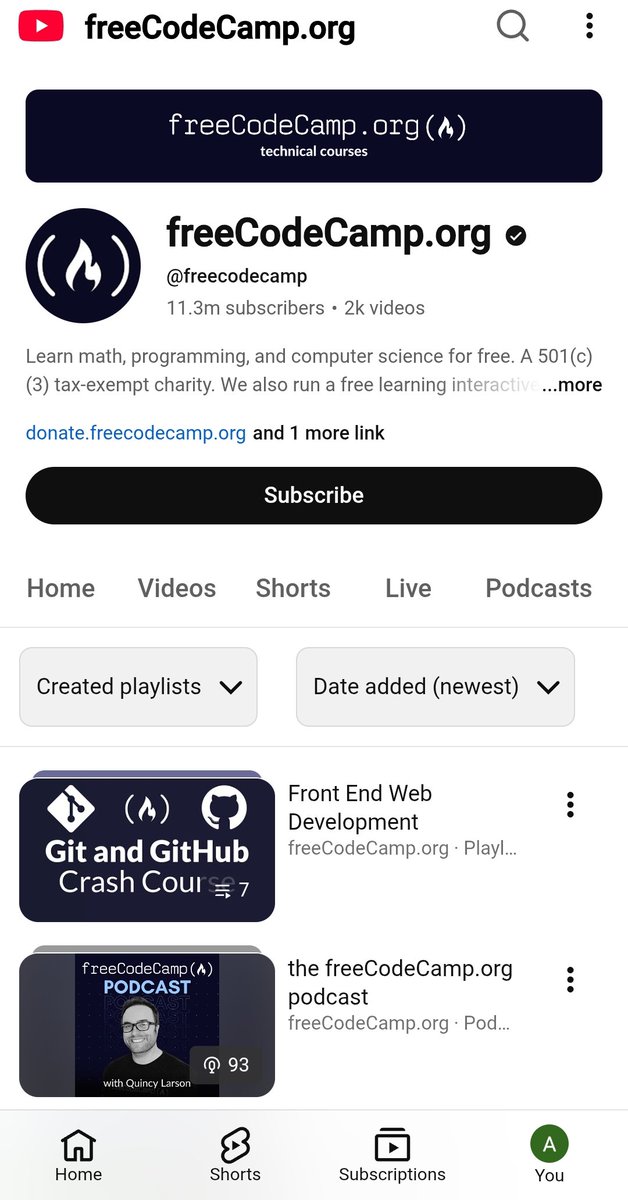 amitcoder1's tweet image. 17. All in One – @freeCodeCamp

What it teaches: Full coding bootcamp style tutorials on web dev, data, ML, and more.
Link: m.youtube.com/@freeCodeCamp