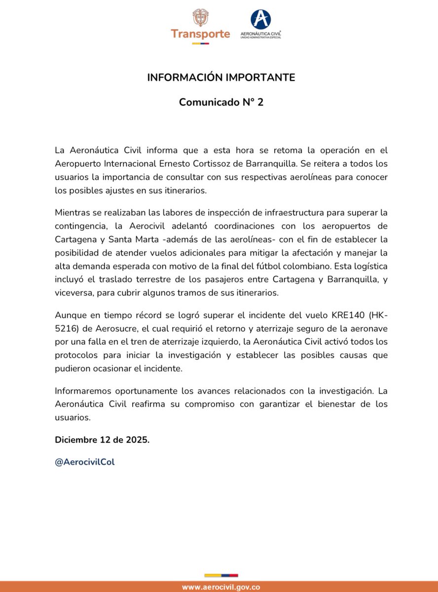 📢 Información importante
Informamos que a esta hora se retoma la operación en el Aeropuerto Internacional Ernesto Cortissoz de #Barranquilla.

Reiteramos a todos los usuarios la importancia de verificar con sus aerolíneas cualquier ajuste en sus itinerarios.
