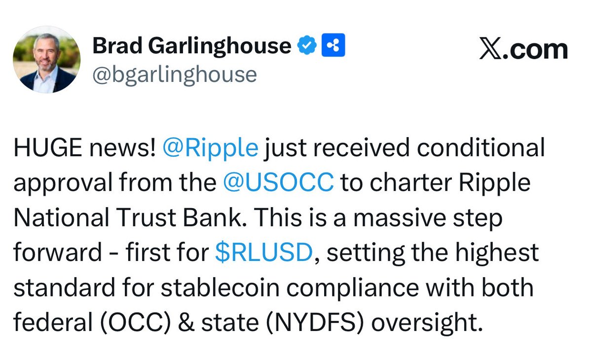 JUST IN: @Ripple just received conditional approval from the @USOCC to  charter Ripple National Trust Bank. This is a massive step forward - first  for $RLUSD, setting the highest standard for stablecoin