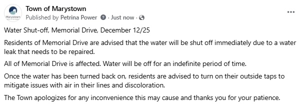 Water Shut-off, Memorial Drive, December 12/25