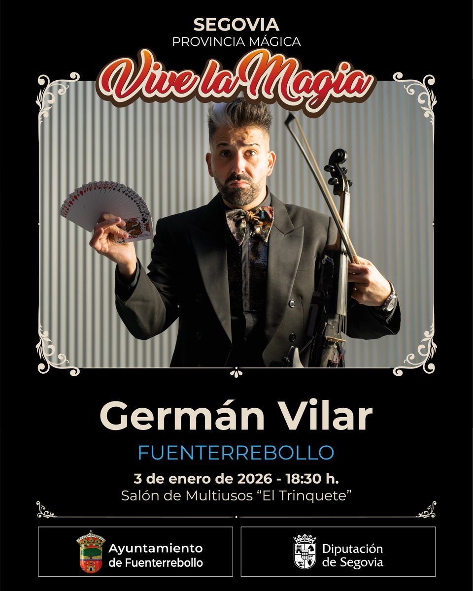 El increíble #GermanVilar llega al Festival para compartirnos su espectáculo “Magic Music”, ¡una fusión entre la ilusión y la música de su violín eléctrico! 🎻✨
No te pierdas en #Fuenterrebollo las habilidades que posee este gran mago 🥳

<a href="/LeonViveLaMagia/">León Vive La Magia</a> <a href="/DipuSG/">Diputación de Segovia</a>