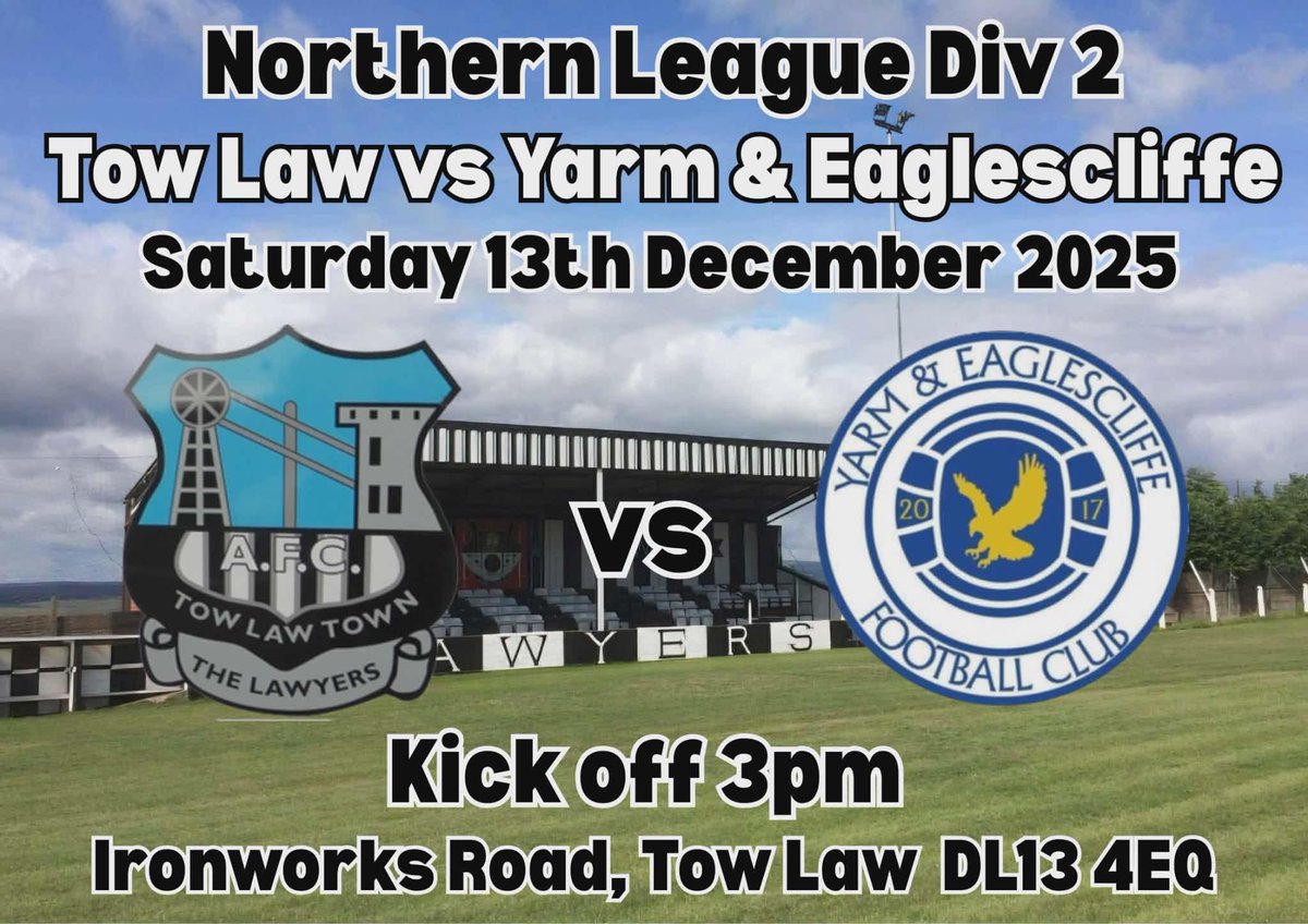 Get over to Ironworks on Saturday support <a href="/Towlawtown/">Tow Law Town AFC #Lawyers</a> as we welcome <a href="/YarmEaglescliff/">Yarm & Eaglescliffe FC</a> 
A new start with a new management team in place &amp; new signings making home debuts