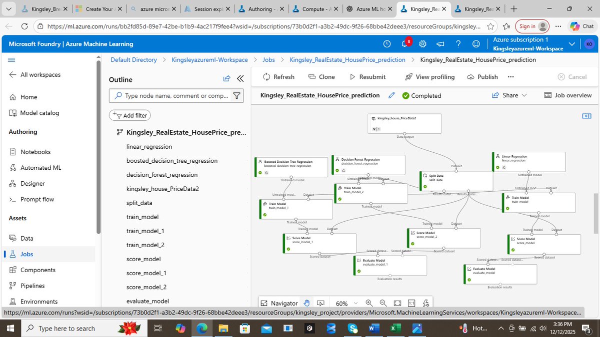 Valenti58103323's tweet photo. After 5+ attempts, I built & published my first Azure ML pipeline predicting house prices! 🚀 Tried Linear Regression, Decision Forest & Boosted Trees. Linear Regression performed best (R²=0.926, RMSE=5.35). #AzureML #DataScience #MachineLearning #AI #Portfolio https://t.co/MseYEOypYx