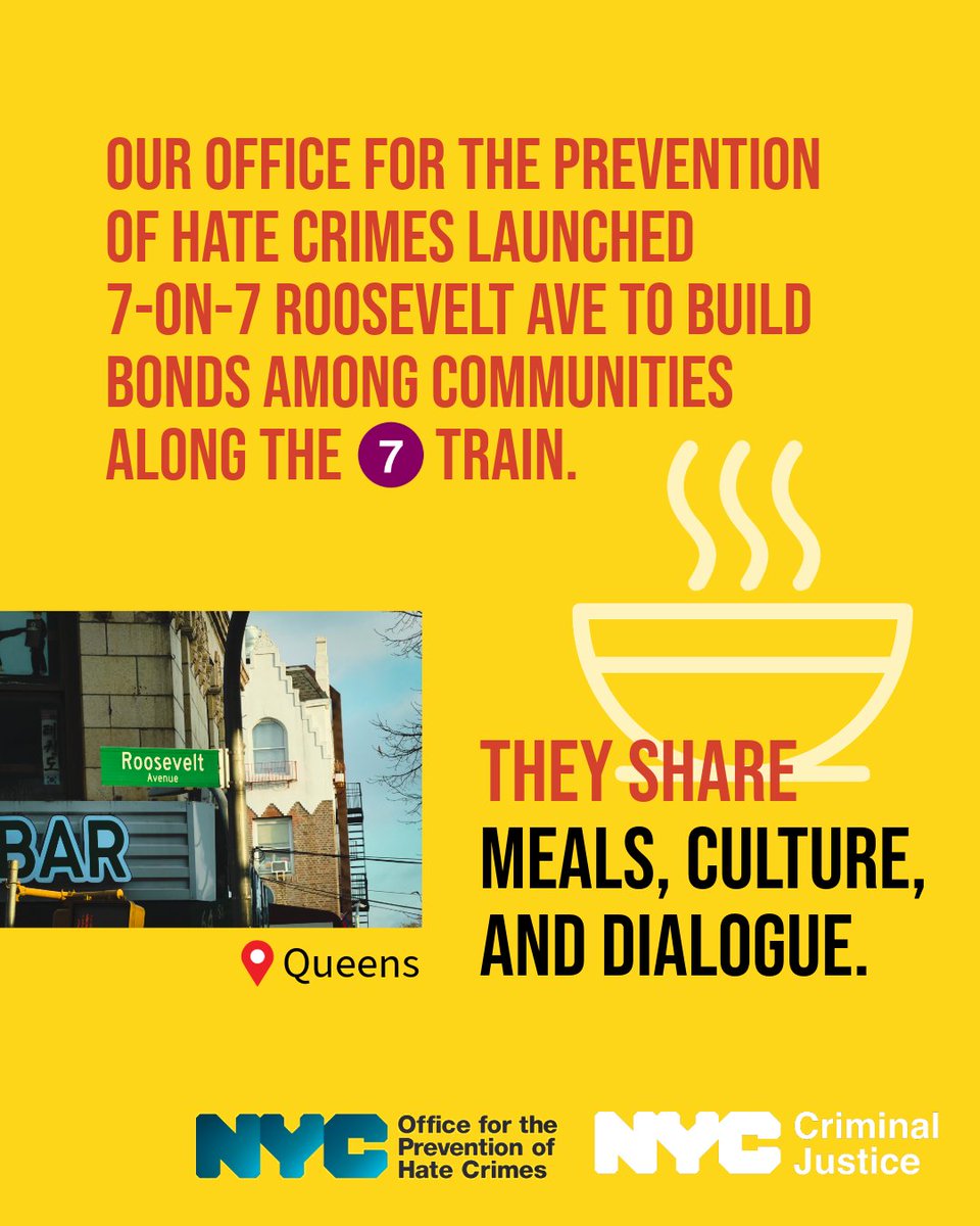 CrimJusticeNYC's tweet photo. 💫Our NYC Office for the Prevention of Hate Crimes (@stophatenyc) developed 7-on-7—seven events along Roosevelt Avenue’s 7-train line—to bring diverse communities��together to build solidarity, connection, and joy through food and culture. https://t.co/K0eggDsEwz