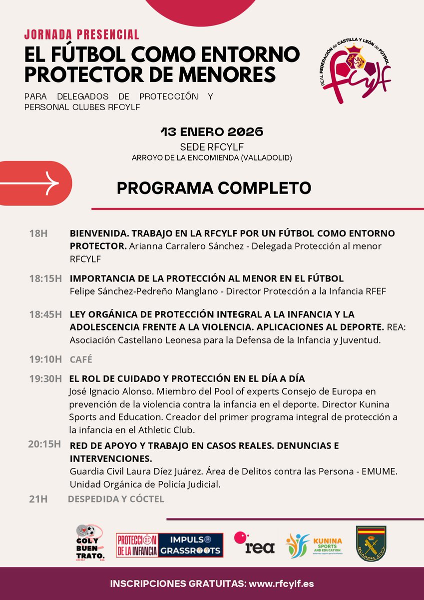 𝐄𝐥 𝐟ú𝐭𝐛𝐨𝐥 𝐜𝐨𝐦𝐨 𝐞𝐧𝐭𝐨𝐫𝐧𝐨 𝐩𝐫𝐨𝐭𝐞𝐜𝐭𝐨𝐫 𝐝𝐞 𝐦𝐞𝐧𝐨𝐫𝐞𝐬 🫂

Seminario de Protección a la Infancia <a href="/FCyLF/">RFCYLF</a>  𝟏𝟑 𝐝𝐞 𝐞𝐧𝐞𝐫𝐨 📝 Inscripciones abiertas

Dirigido a los Delegados/as de Protección en los clubes y personal de equipos #CYL ⚽️

<a href="/rfef/">RFEF</a>