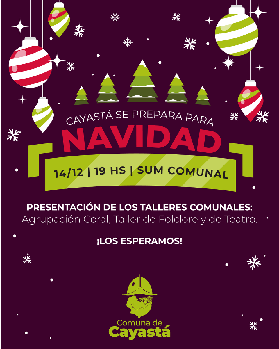 comuna_cayasta's tweet photo. ✨ Cayastá se prepara para Navidad ✨
Este 14/12 a las 19 hs, los invitamos al SUM Comunal para disfrutar de la presentación de los talleres comunales: Agrupación Coral, Folklore y Teatro.

¡Los esperamos! 🎄💫

 #Cayastá #NavidadEnCayastá #TalleresComunales https://t.co/sgLUr59Bsh