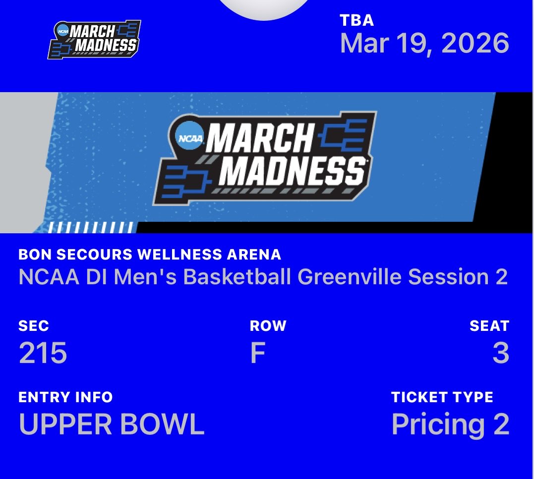 Merry Christmas to me! A ticket to NCAA #MarchMadness in #GreenvilleSC. Not to worry. If ⁦<a href="/FurmanMBB/">Furman Basketball</a>⁩ goes Dancing, I will go wherever they are! #Furman