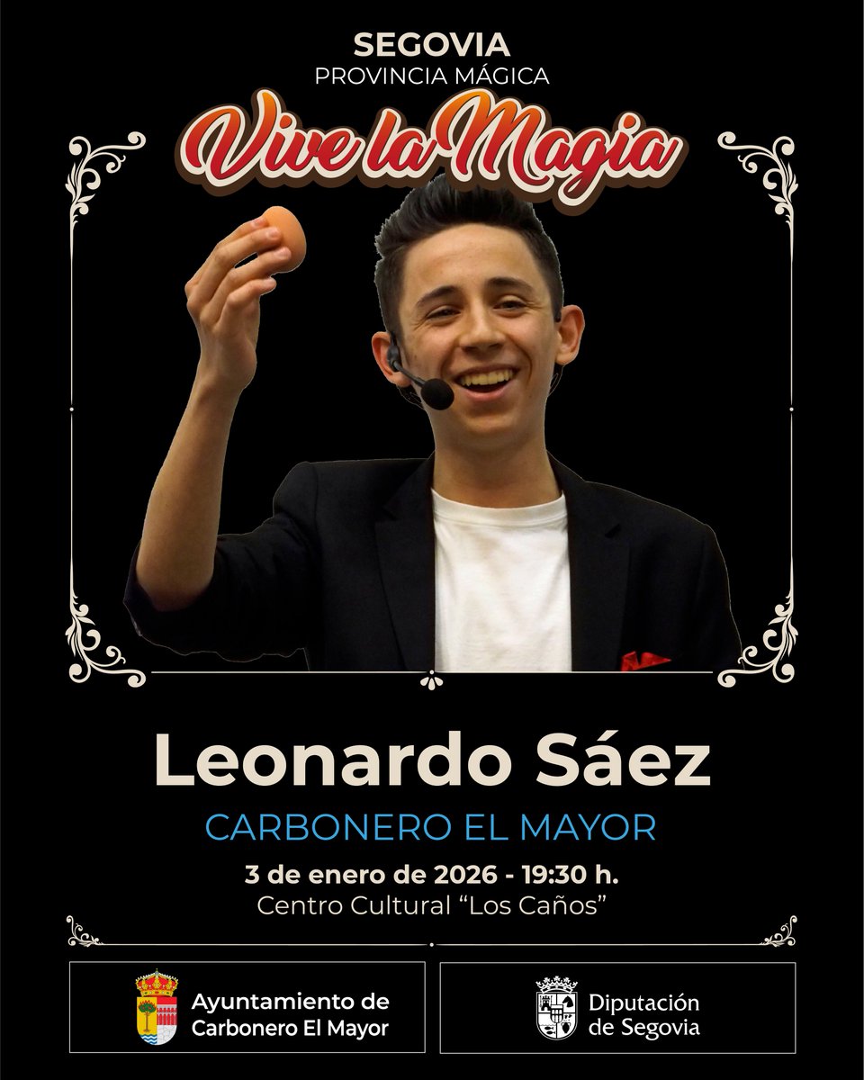 “El mundo es un pañuelo” del magnífico #LeonardoSáez sorprenderá con disciplinas nunca vistas en un espectáculo de magia en #CarboneroelMayor🥳

Baile acrobático, interacción con la música... ¡Y la capacidad de jugar con los sueños de los espectadores!

<a href="/DipuSG/">Diputación de Segovia</a> <a href="/LeonViveLaMagia/">León Vive La Magia</a>