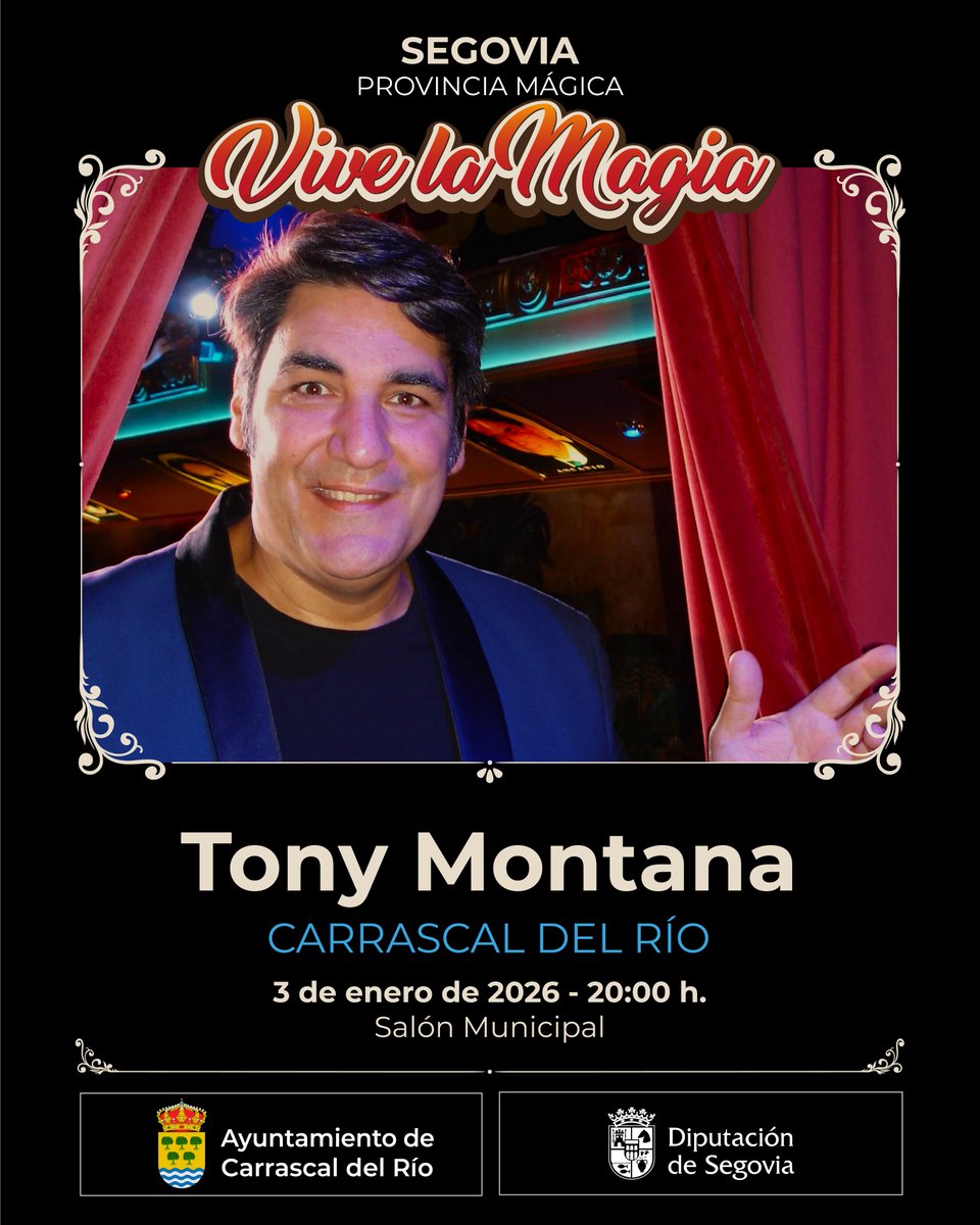¡Señoras y señores! Con ustedes... ¡El gran #TonyMontana en #CarrascaldelRío! 🥳

Este mago mundialmente conocido nos trae "Magia para todos", un espectáculo donde podremos disfrutar de la magia en nuestras manos 🎩✨

<a href="/LeonViveLaMagia/">León Vive La Magia</a> <a href="/DipuSG/">Diputación de Segovia</a>
