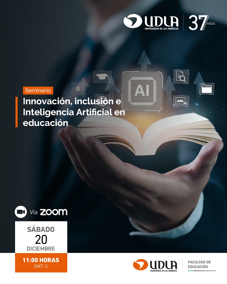¡No te quedes fuera! 📣
La Facultad de Educación UDLA te invita al seminario “Innovación, inclusión e Inteligencia Artificial en educación”. Un encuentro para pensar, crear y proyectar el futuro de la pedagogía 🚀✨
Inscríbete aquí: udla.zoom.us/webinar/regist…