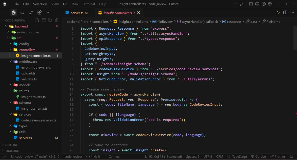 surajgzp371's tweet image. Day 1 of my AI Code Review Platform 

Built backend features: upload files or paste code → get AI reviews instantly.

Tech: MERN + LangChain + Zod

Next up: GitHub integration.

Github:github.com/suraj371k/ai_c…

#fullstackjavascript #typescriptdevelopment #langchain
