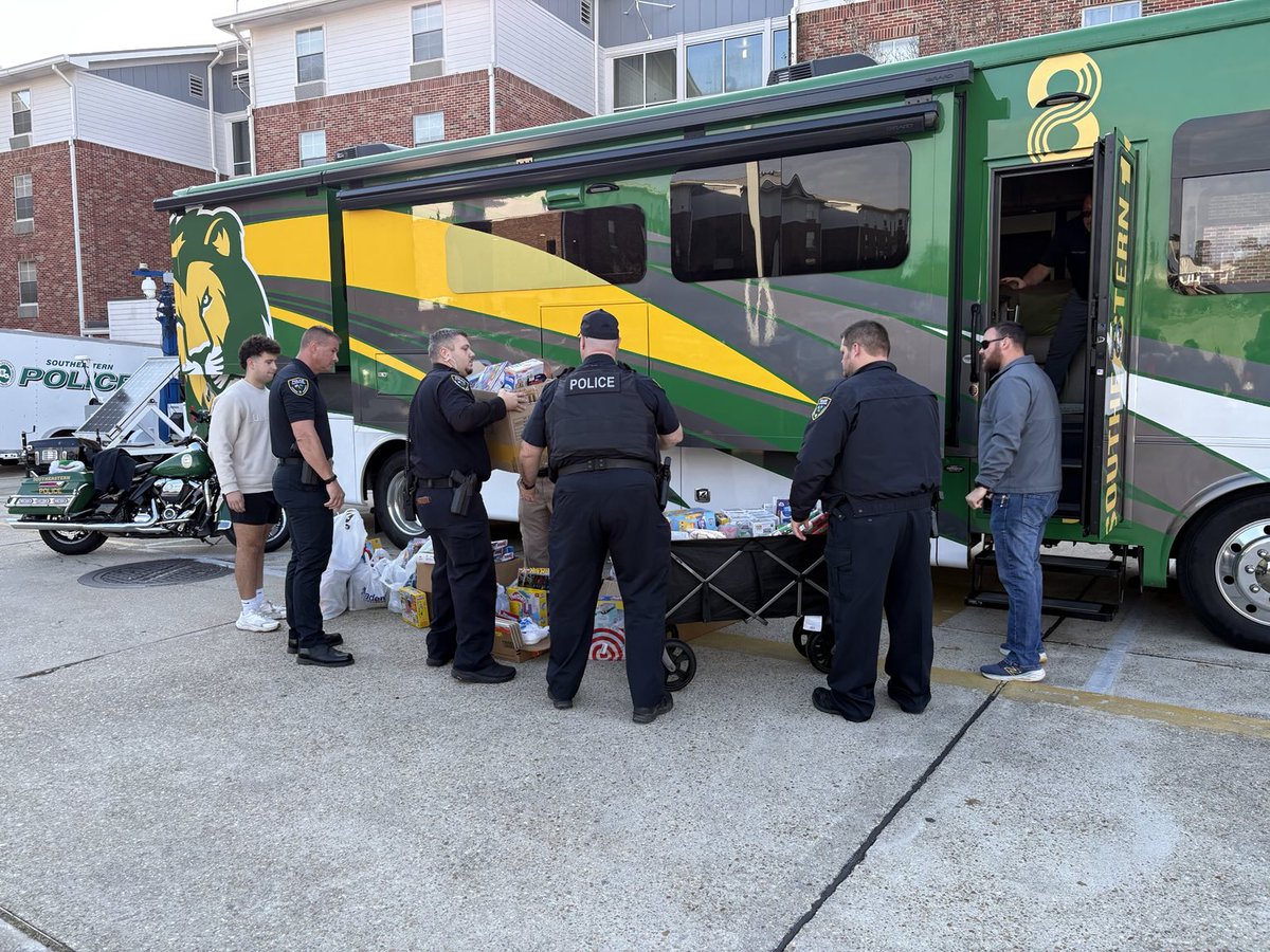Deep appreciation to ⁦<a href="/SoutheasternUPD/">SLUPD</a> and⁩ Lt. Ronald Plaisance and Sgt. Michelle Blanchard for leading our annual Children’s Hospital Toy Drive!! Thank you to our university family and community for your generous support!! The RV is loaded and headed to NOLA. 💚💛