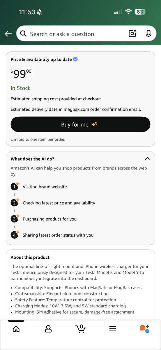 Searching for a product not sold on Amazon surfaces this option to have Amazon AI buy it for me. 🤯 Amazon as the proxy for returns and order history for all purchases simplifies life.