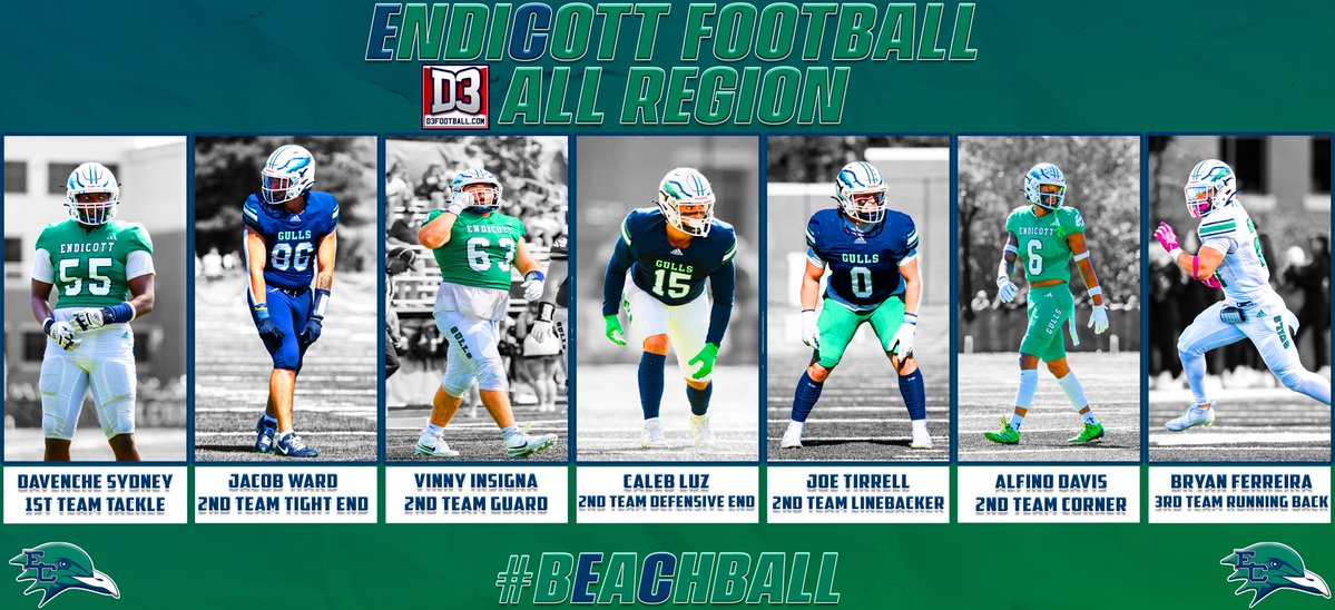 EndicottFB's tweet image. Congratulations to the 7️⃣ Gulls that made the D3Football All-Region Teams‼️🥇🥈🥉

#BeachBall 🏈🐦🏖️#GULL2EA5ON☀️🌊