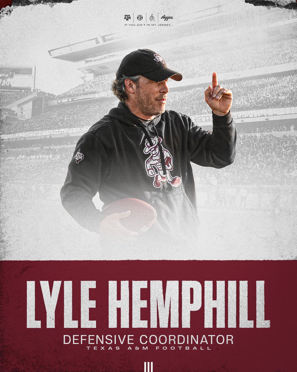 AggieFootball's tweet photo. Lyle Hemphill has been promoted to Defensive Coordinator.

#GigEm | https://t.co/dQ9eOeJ1fJ https://t.co/UqI9PyOTy8