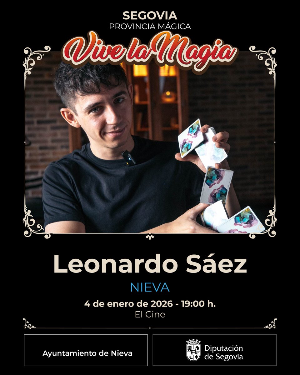 ¡De nuevo tendremos a #LeonardoSáez!, quien actuará por última ocasión en esta edición en #Nieva ✨

Allí podremos disfrutar de su espectáculo “El mundo es un pañuelo”, donde nos sorprenderá con disciplinas nunca vistas en un espectáculo de magia🥳

<a href="/LeonViveLaMagia/">León Vive La Magia</a> <a href="/DipuSG/">Diputación de Segovia</a>