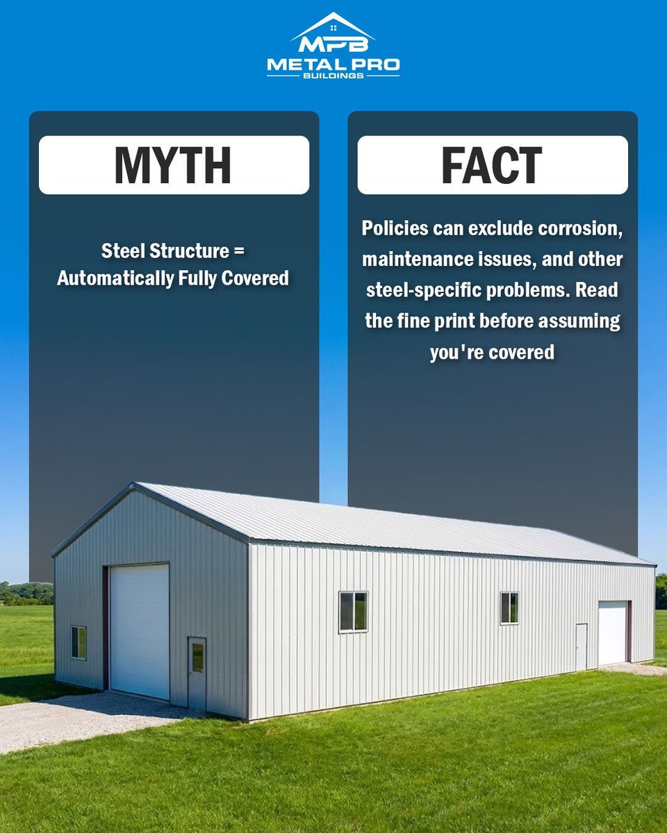 metalprobldgs's tweet image. 3 steel building insurance myths 💸
Call before building 💪

#steelbuildings #buildinginsurance #insurancemyths #metalbuildings #insurancetips #propertyinsurance #knowyourpolicy #riskmanagement