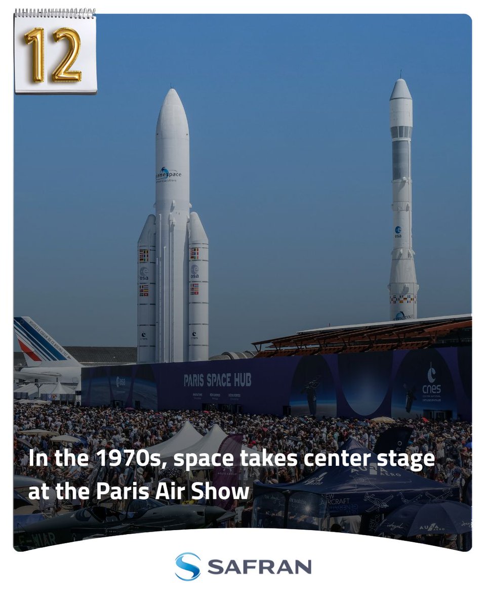 SAFRAN's tweet photo. [#DecemberCalendar ✨] Every day, learn more about the Paris Air Show and Safran’s key highlights.
During the 1970s, the presence of space activities at the Paris Air Show continued to grow. At the 1979 edition, @CNES and @ESA exhibited a full-scale 1:1 model of #Ariane 1, which remained in place and was later joined by an Ariane 5 model, both visible from 28 km away.
Today, space activities are widely represented at the show. The 2025 edition marked the creation of the Paris Space Hub, a 2,500 m² area offering an immersive journey into the world of space exploration… where Safran was present!

@salondubourget #PAS #ParisAirShow #avgeeks #aviationlovers #aviationhistory