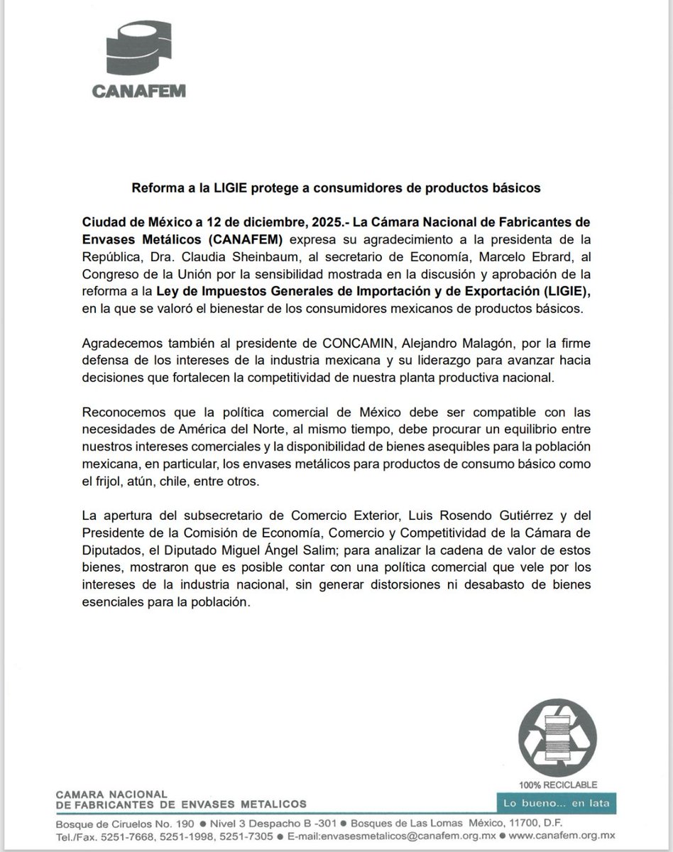 📣 Comunicado CANAFEM
<a href="/CONCAMIN/">CONCAMIN</a> <a href="/AMalagonB/">Alejandro Malagon B</a> <a href="/SE_mx/">Economía México</a> <a href="/LuisRosendo_/">Luis Rosendo Gutiérrez</a> <a href="/Mx_Diputados/">H. Cámara de Diputados</a> <a href="/MiguelSalimGto/">Miguel Salim</a>