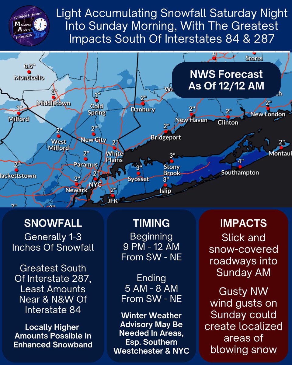 LIGHT ACCUMULATING SNOWFALL EXPECTED TOMORROW NIGHT INTO SUNDAY MORNING; HEAVIEST SOUTH OF INTERSTATE 84 &amp; ESPECIALLY INTERSTATE 287
