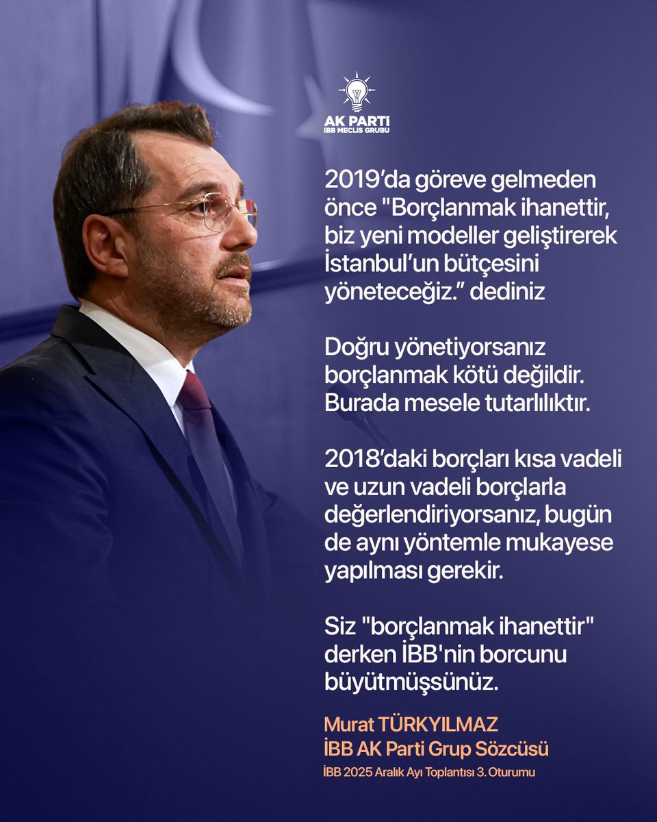 IbbAkPartiGrup's tweet photo. "Siz "borçlanmak ihanettir" derken İBB'nin borcunu büyütmüşsünüz."

❗️ İBB'nin 2024 yılı itibarıyla mevcut borcu 215 milyar 297 milyon TL.

❗️ İBB'nin, 2018 yılı sonundaki borcu yaklaşık 4,4 milyar euroya karşılık gelirken 2024 yılı sonundaki borcu yaklaşık 5,9 milyar euro.