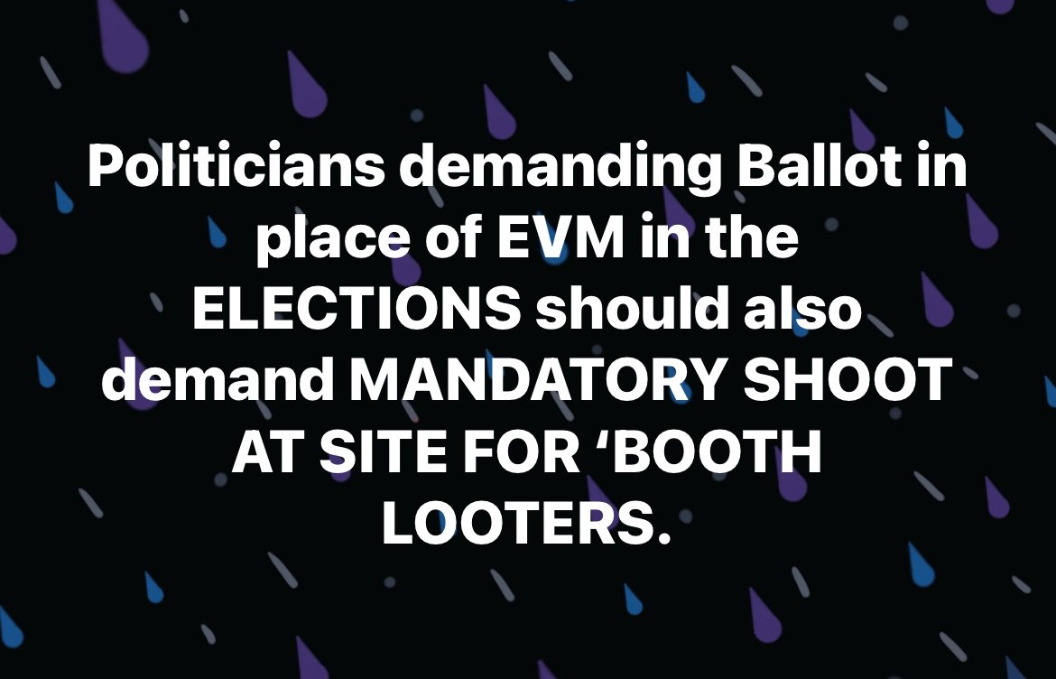 जो नेता #EVM की जगह बैलट की मांग करते हैं, उन्हें बूथ लूटने वालों के लिए ‘देखते ही गोली’ की मांग भी करनी चाहिए. 

<a href="/ECISVEEP/">Election Commission of India</a> 

<a href="/INCIndia/">Congress</a> <a href="/RJDforIndia/">Rashtriya Janata Dal</a> <a href="/YSRCParty/">YSR Congress Party</a> <a href="/BRSparty/">BRS Party</a> <a href="/AITCofficial/">All India Trinamool Congress</a> <a href="/AIADMKOfficial/">AIADMK - SayYesToWomenSafety&AIADMK</a> <a href="/bspindia/">Bahujan Samaj Party</a> <a href="/arivalayam/">DMK</a> <a href="/NCPspeaks/">Nationalist Congress Party - Sharadchandra Pawar</a> <a href="/cpimspeak/">CPI (M)</a> <a href="/ShivSenaUBT_/">ShivSena - शिवसेना Uddhav Balasaheb Thackeray</a> <a href="/samajwadiparty/">Samajwadi Party</a>