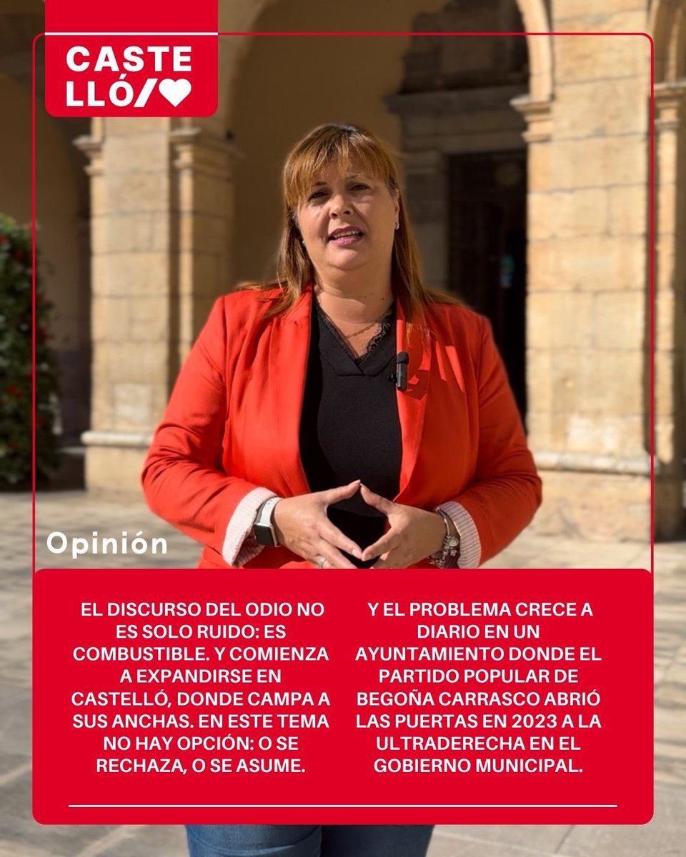 ✒️ Opinión/ Patricia Puerta

“El discurso del odio no es solo ruido: es combustible. Y se expande en Castelló. En este tema no hay opción: o se rechaza, o se asume. Y el problema crece en el <a href="/AjuntCastello/">Ajuntament de Castelló</a>, donde Begoña Carrasco mira a otro lado

agrupacionespsoe.es/castello/blanq…