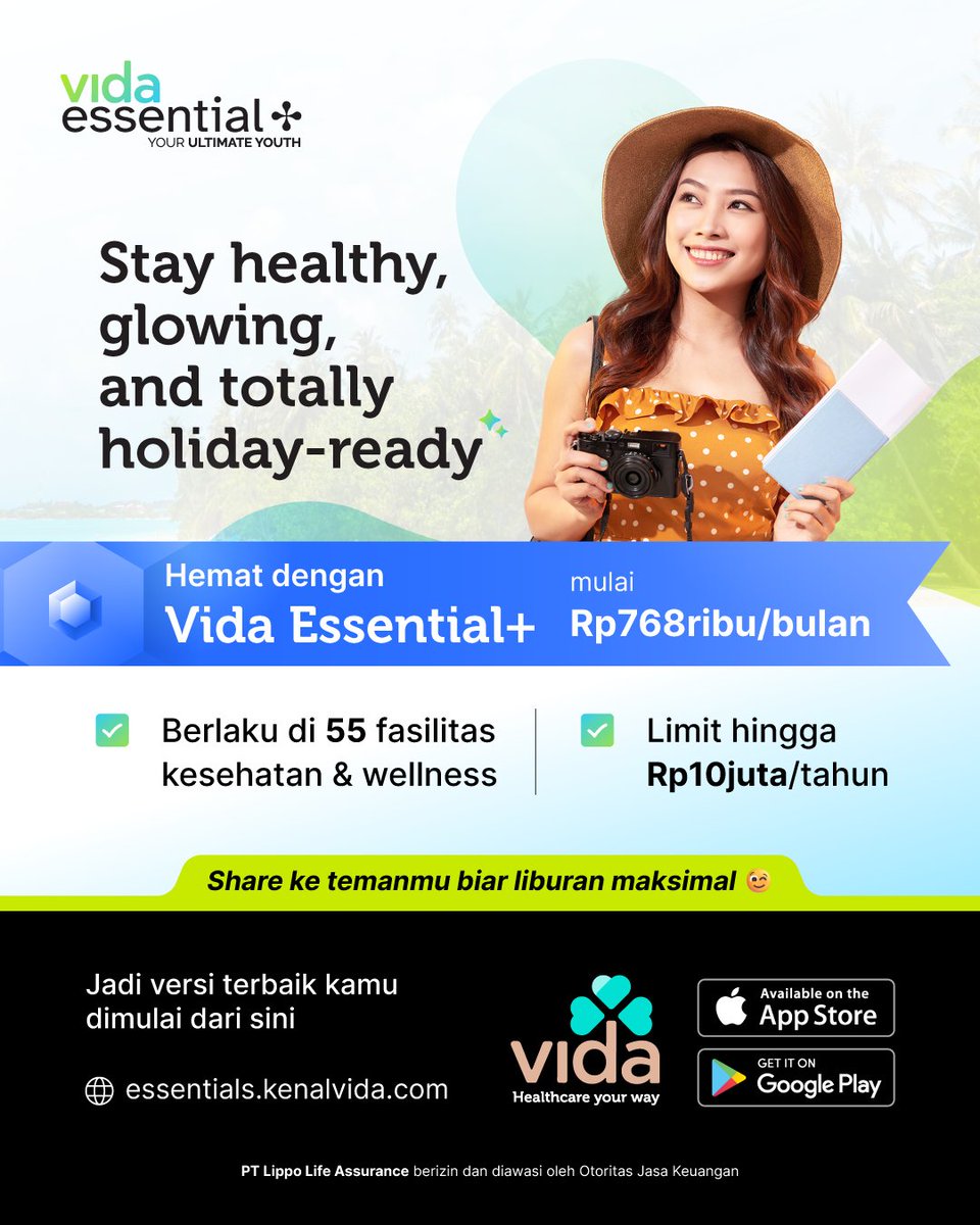 Sebelum liburan, jangan cuma siapin itinerary. Rawat diri &amp; olahraga juga biar liburan maksimal! Mulai Rp768 ribu, nikmatin perawatan total pakai Vida Essential+

Cus ke website dan app Vida: Healthcare Your Way sekarang📲#VidaEssential+ #YourUltimateYouth