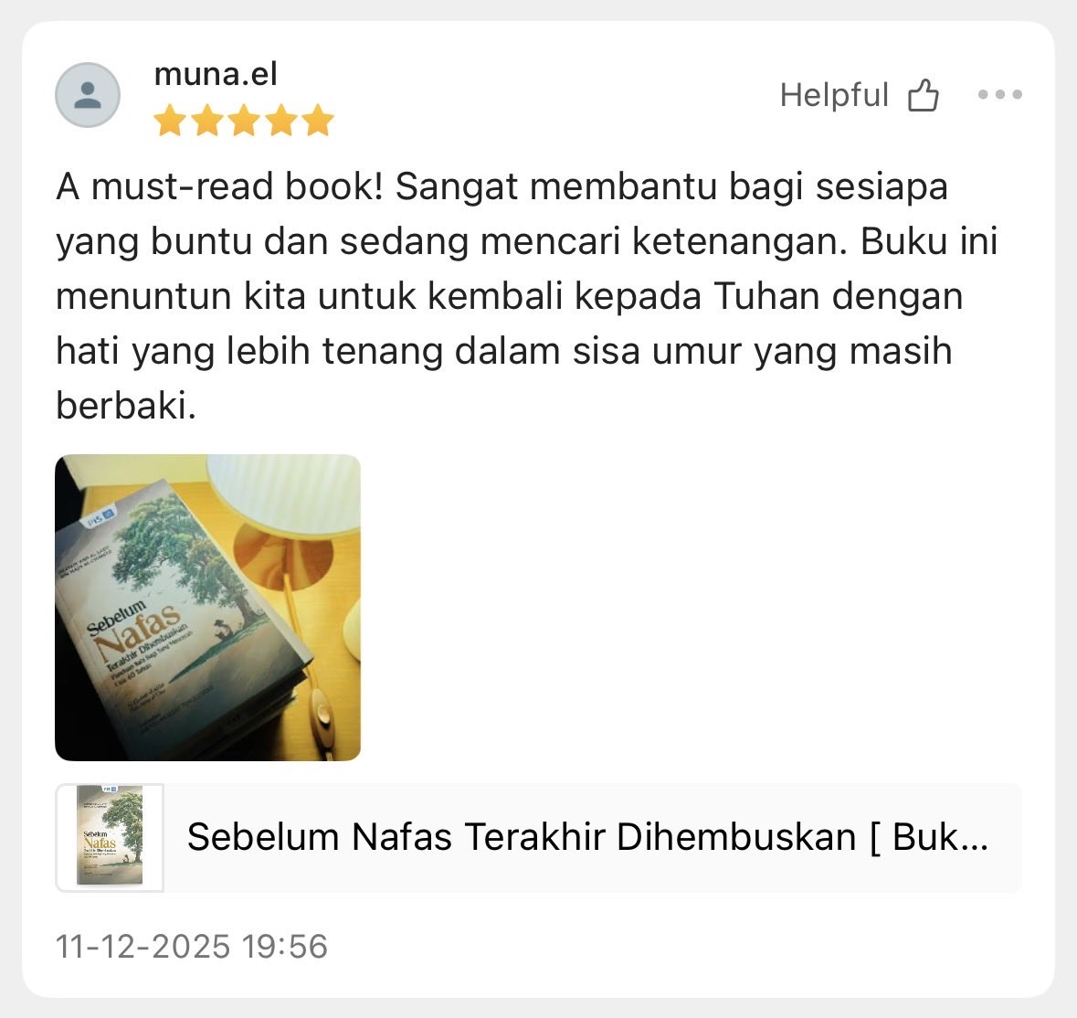 “A must-read book! Sangat membantu bagi sesiapa yang buntu dan sedang mencari ketenangan….” - komen pembaca: muna.el

#SebelumNafasTerakhir
my.shp.ee/ZqaSt5z