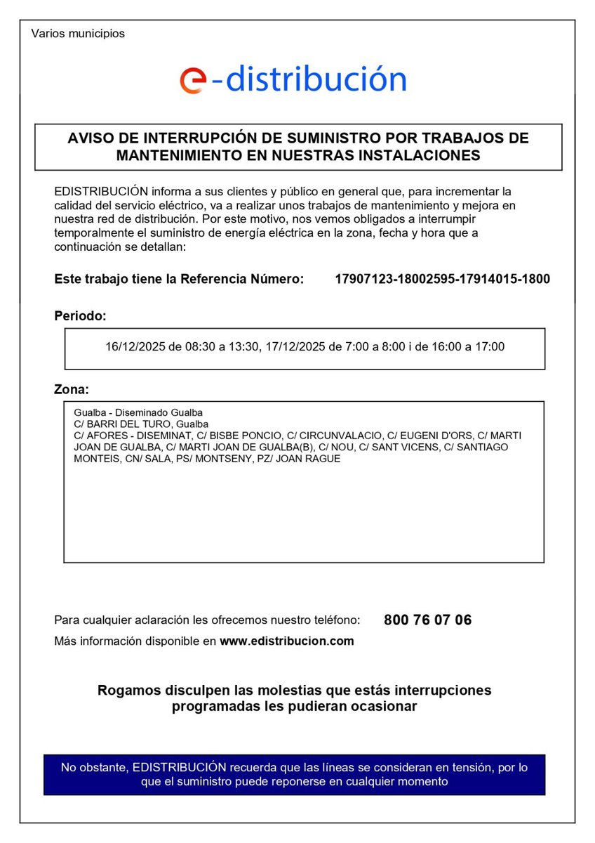 🔌 Tall de llum 16/12 i 17/12
Consulta si la teva zona està afectada: gualba.cat/actualitat/not…

⚠️ OAC tancada 16/12
📞 93 848 70 27
#Gualba