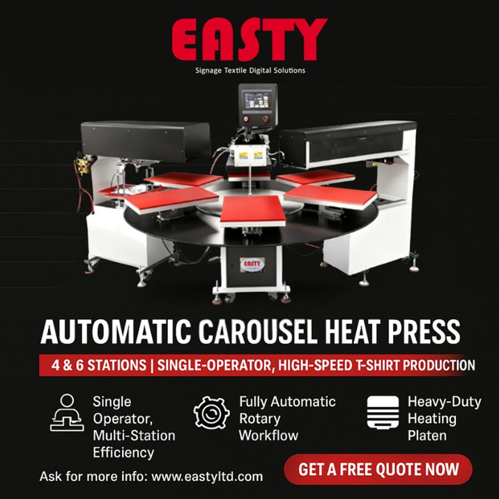 eastylimited's tweet photo. Boost efficiency with Easty EHP6 6-station heat press, operated by just one person. With features like film placing, film peel-off, a second heat press, and garment collection, up to 350pcs/hour! Save on labor costs: https://t.co/ManenYf6Nn
Video: https://t.co/uJJy0Zlb1D https://t.co/Ls36FfcenH