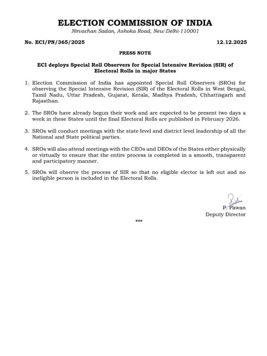 👉मतदाता सूची विशेष गहन पुनरीक्षण–2026
👉मुख्य राज्यों में विशेष गहन पुनरीक्षण (SIR) हेतु #ECI द्वारा विशेष मतदाता सूची पर्यवेक्षकों की नियुक्ति
👉श्रीमती रोहिणी भाजीभाकरे (IAS) #राजस्थान में मतदाता सूची के विशेष गहन पुनरीक्षण (SIR) के अवलोकन हेतु विशेष मतदाता सूची पर्यवेक्षक
