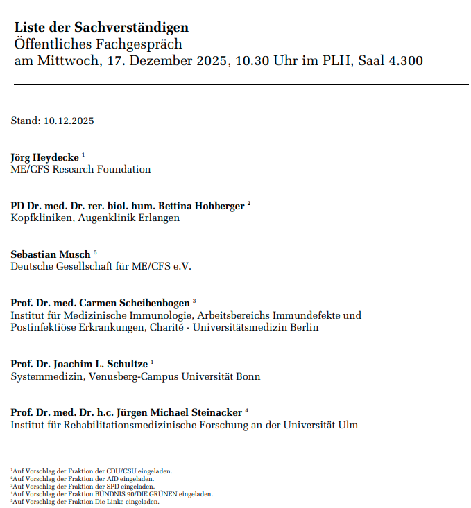 HumanManifold's tweet image. Sachverständige für das öffentliche Fachgespräch „Nationale Dekade gegen Postinfektiöse Erkrankungen“ am 17.12.25. 

Unter anderem mit @C_Scheibenbogen, @Dr_B_Hohberger und @JoergHeydecke.