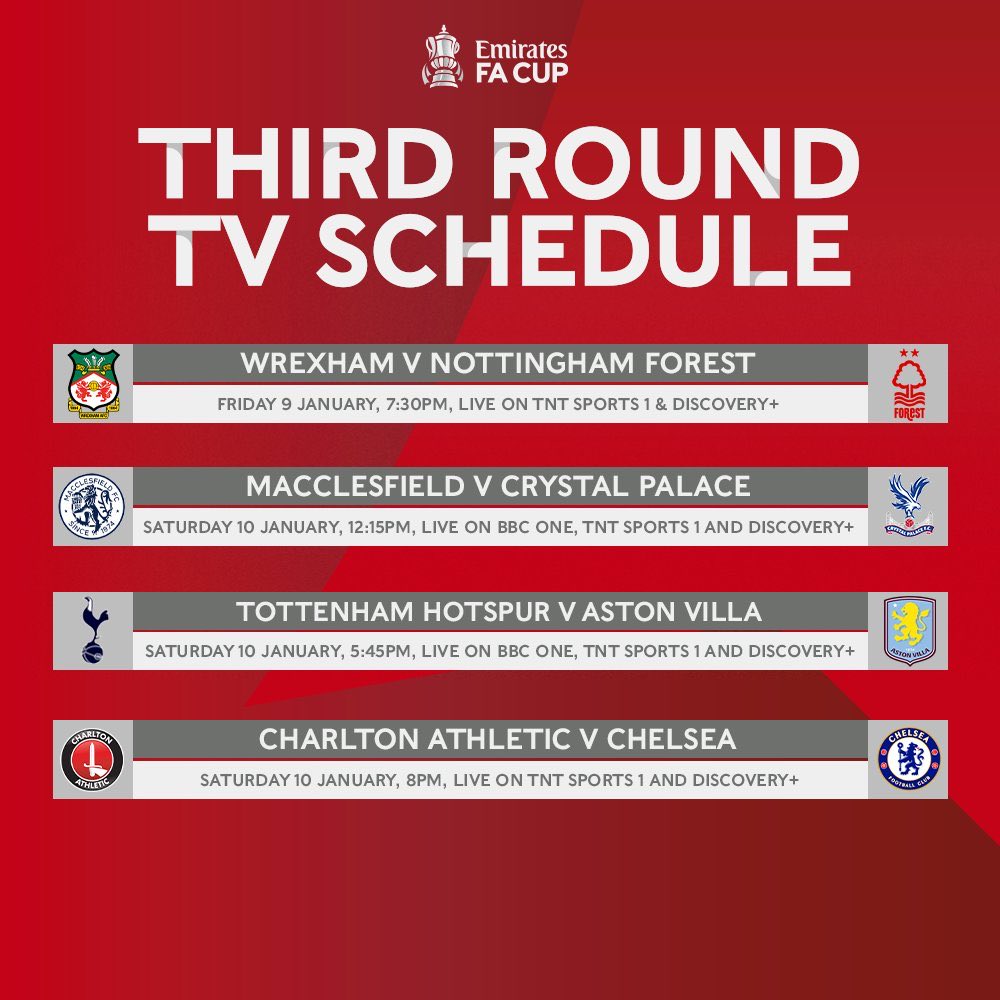 🚨Charlton vs Chelsea to be played at 8pm on Sat Jan 10th. Live on TNT  Sports.