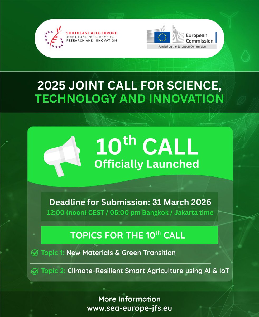 SEAEUJFS's tweet photo. CALL FOR PROPOSALS: 10th Call is Now Open! 🌱

🗓️ Deadline: 31 March 2026 — 12:00 (noon) CEST / 05:00 pm Bangkok / Jakarta time

 👉 Apply here: https://t.co/LNQIGNGqsV

Read more about the 10th Call: https://t.co/4orMTqsYo1

#JFSCall10 #ResearchCollaboration #JFS2025 https://t.co/X33l3K1HB0
