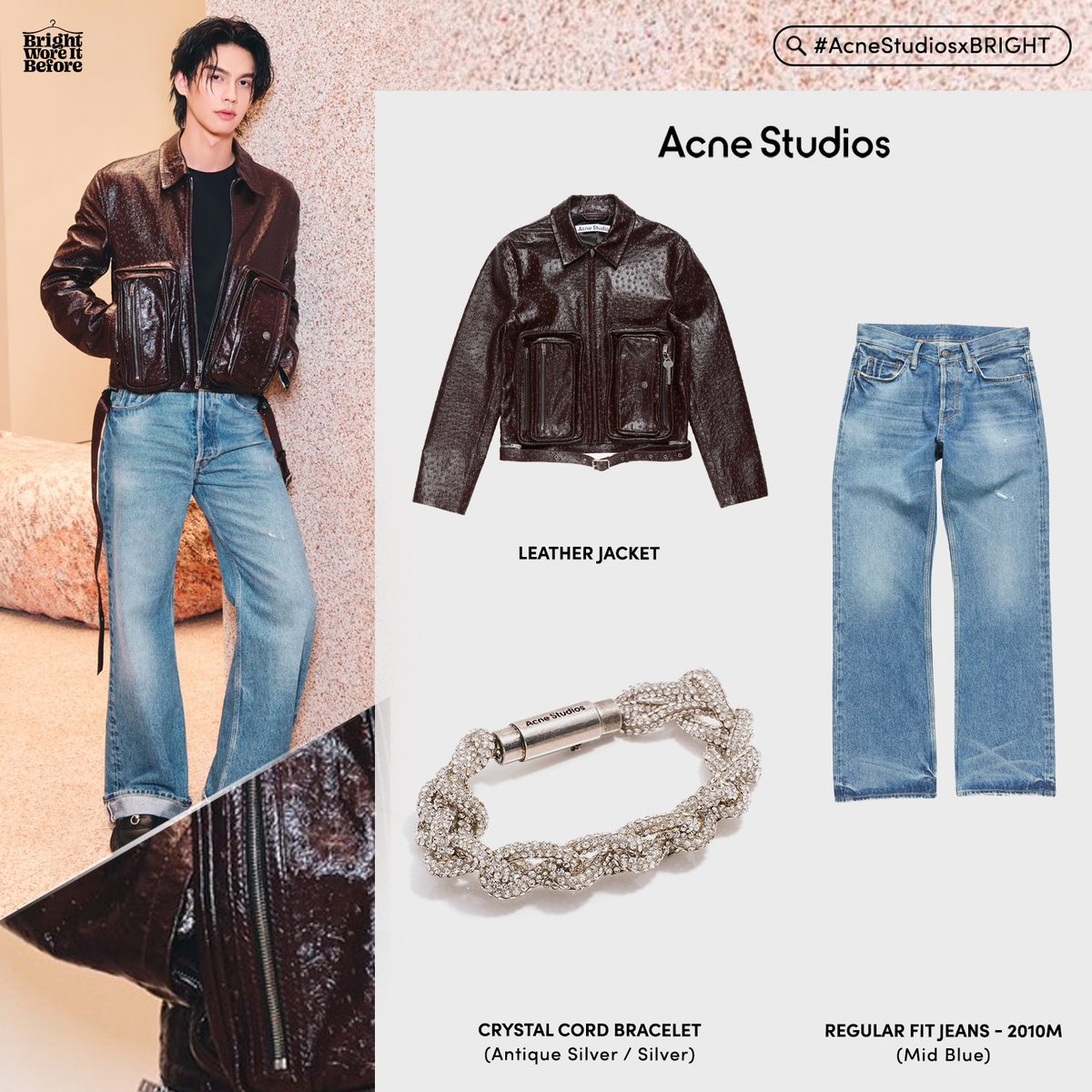 brightworeit's tweet image. ◆◇ All @acnestudios ◇◆

🧥 Leather Jacket 
🛒 195,000 THB 

👖 Regular Fit Jeans - 2010 M
🛒 18,200 THB 

🪢 Crystal Cord Bracelet
🛒 $470 (14,822 THB) 

📸 @VogueThailand 

#acnestudios #AcneStudiosLovesBangkok
#AcneStudiosxBRIGHT #bbrightvc
