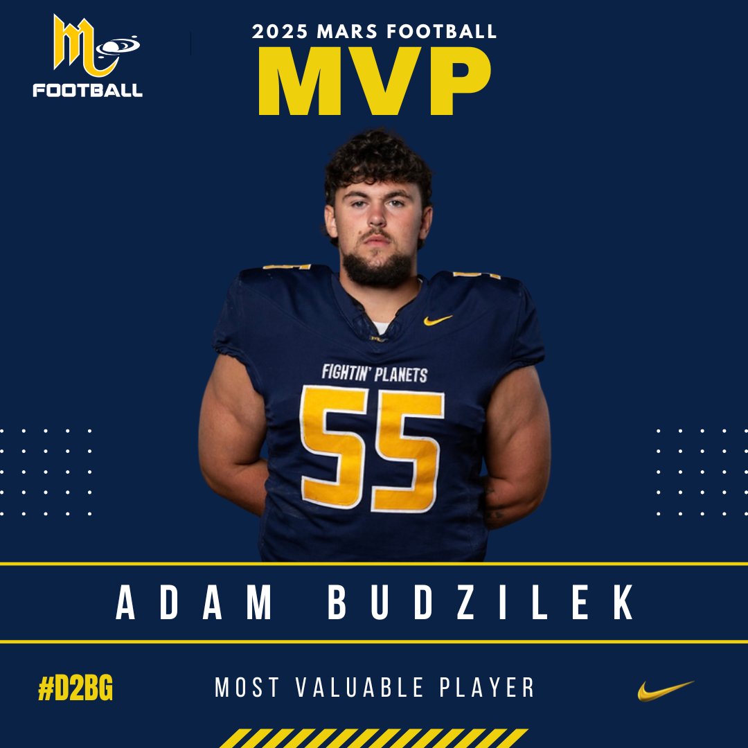 MarsHSFootball's tweet image. Congrats to our 2025 MVP @AdamBudzilek 

"The Heartbeat of the Team" -@CoachKasper 

#D2BG 👽🏈💪

@MarsAreaSD @MASDFP