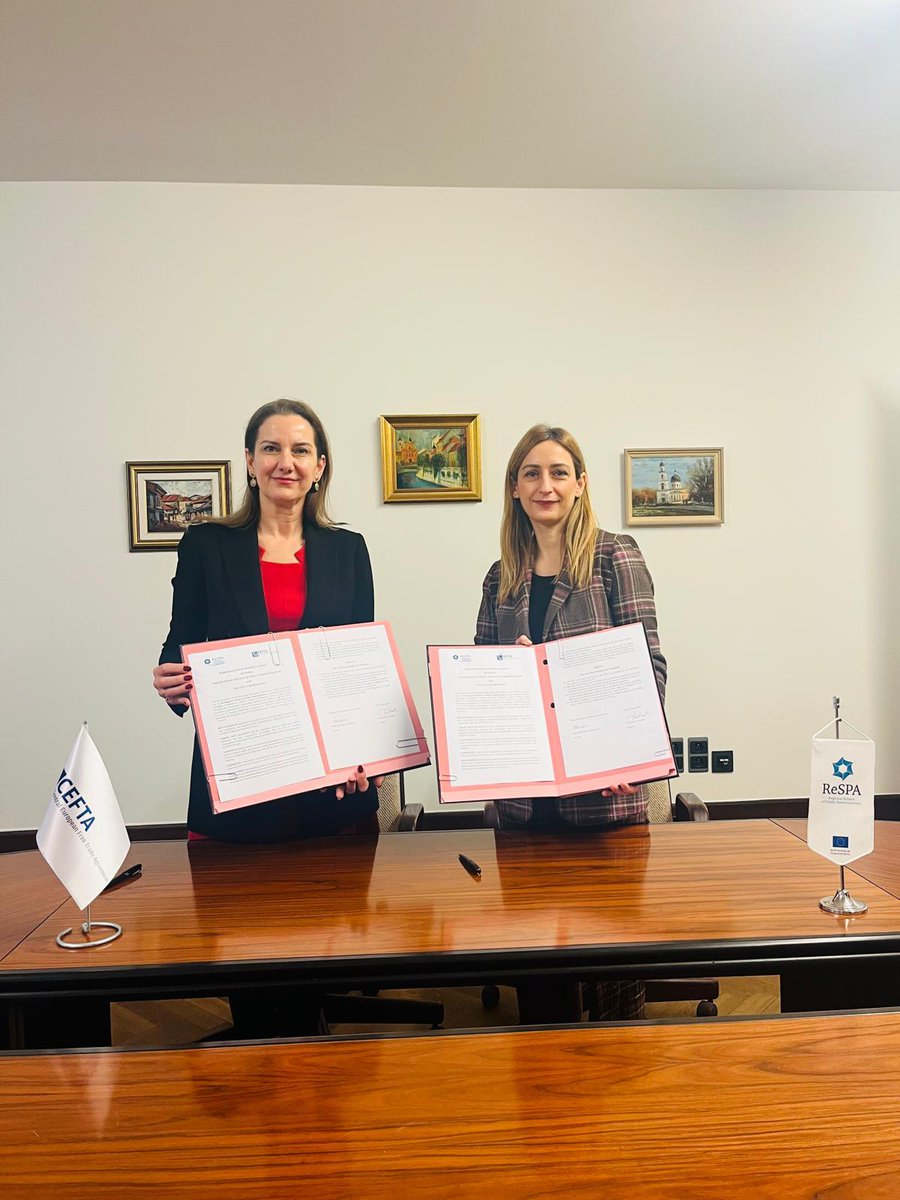 CEFTA Secretariat and ReSPA Join Forces to Strengthen Public Administration and Trade Integration 👏

Today CEFTA Secretariat and Regional School of Public Administration (ReSPA) have signed a Memorandum of Understanding (MoU).
Signed by CEFTA Director Dr. <a href="/Pran_Kastrati/">Pranvera Kastrati</a> and