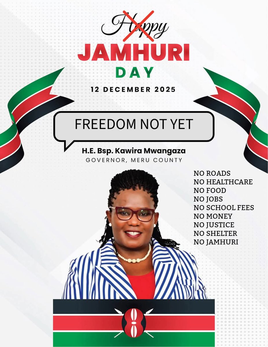 Jamhuri Gani?
Our fore-fathers Fought for us to enjoy and get: 
1. Food
2. Education
3. Healthcare
4.Good roads
5. Shelter
6.water
7.Justice
8. Security
9. Jobs
10. Peace not FEAR 
but where are we today?