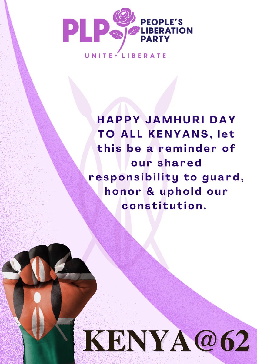 PLPartyKenya's tweet photo. Happy Jamhuri Day, Kenya!
As we celebrate our freedom, may it inspire us to keep working together for a fairer, stronger, and more inclusive nation.
#FreedomWithPurpose
#UniteLiberate https://t.co/emZykUbbzi