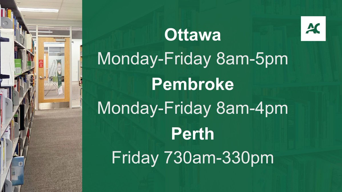 Library on-campus hours for Friday, December 12

<a href="/AlgonquinPerth/">AC Perth Campus</a> 730am - 3:30pm
<a href="/AlgonquinColleg/">Algonquin College</a> 8:00am - 5:00pm 
<a href="/AlgonquinPEM/">AC Pembroke Campus</a> 8:00am - 4:00pm