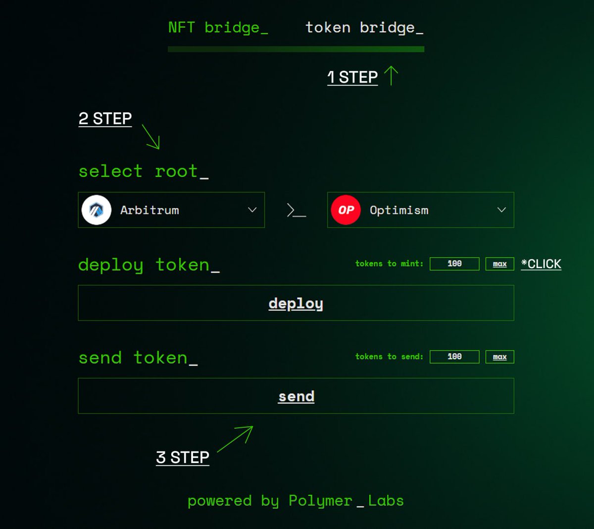 Polymer - guide on Polyfarm
polyfarm.xyz/token-bridge
Let’s walk through it using the unique token bridge feature⏬
1⃣ Token Bridge
2⃣ Select a network
Enter the amount of tokens to mint - we recommend 100 or more.
Then click Deploy.
3⃣ Send Token
Send the tokens you minted

Done!